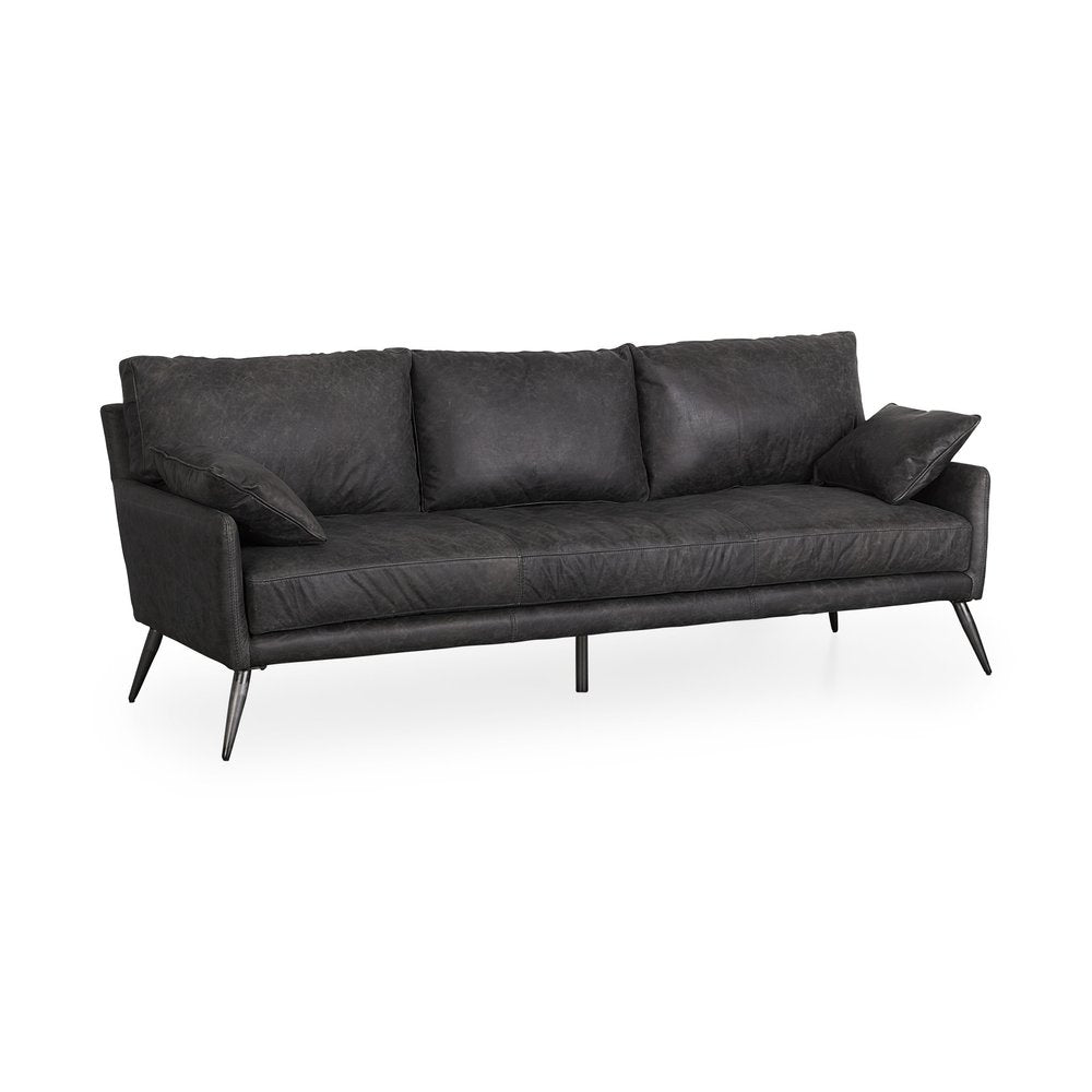 82" Black Leather Sofa With Toss Pillows