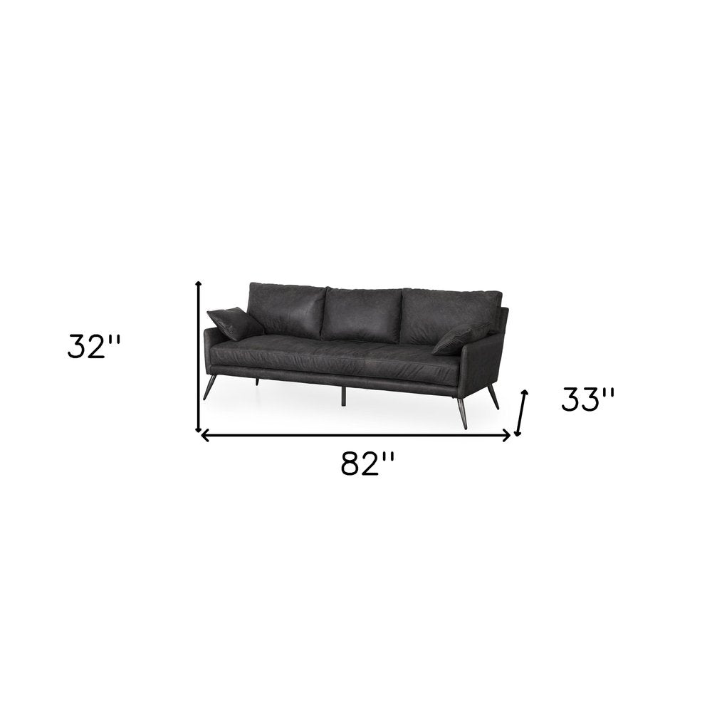 82" Black Leather Sofa With Toss Pillows