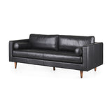 88" Black Leather Sofa And Toss Pillows With Brown Legs