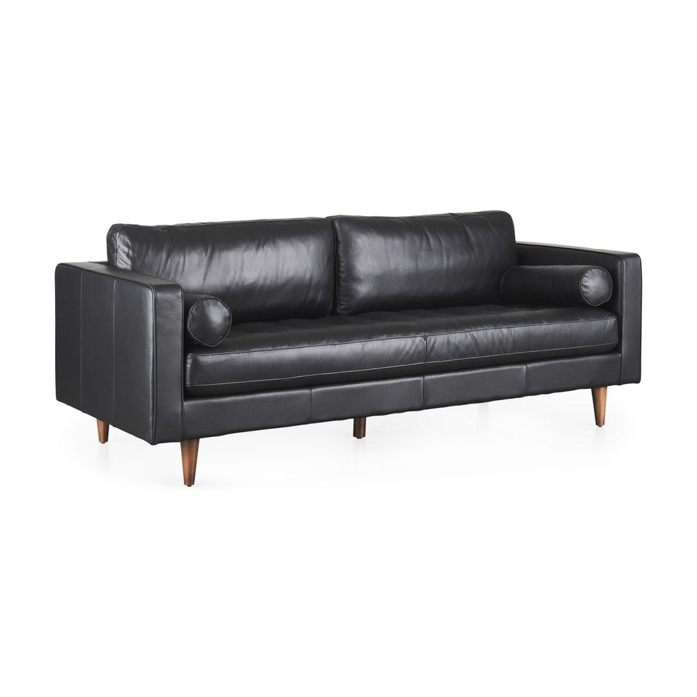 88" Black Leather Sofa And Toss Pillows With Brown Legs