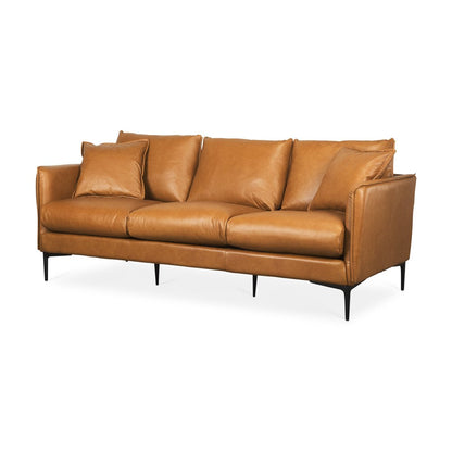 86" Tan Leather Sofa And Toss Pillows With Black Legs
