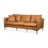 86" Tan Leather Sofa And Toss Pillows With Black Legs