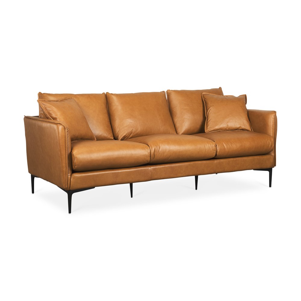 86" Tan Leather Sofa And Toss Pillows With Black Legs