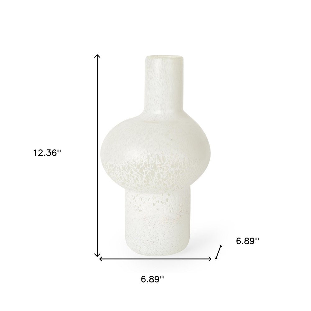 12" White Mottled Handblown Glass Table Vase