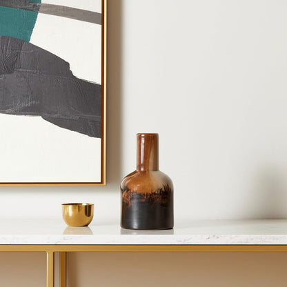 9" Amber Cream And Dark Brown Abstract Tulip Glass Table Vase