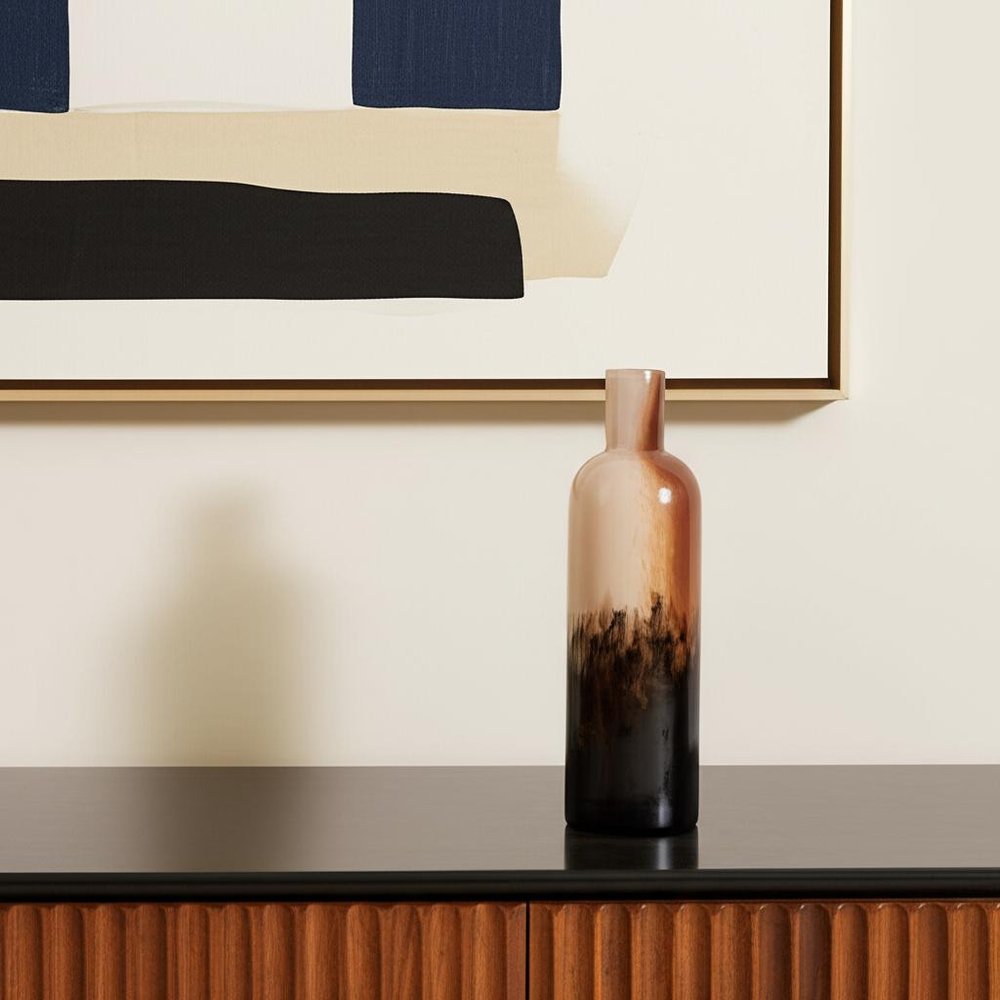 11" Amber Cream And Dark Brown Abstract Glass Table Vase