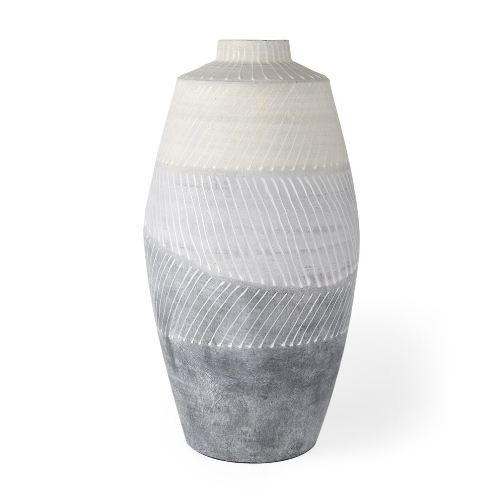 17" Cream And Gray Geometric Ceramic Table Vase