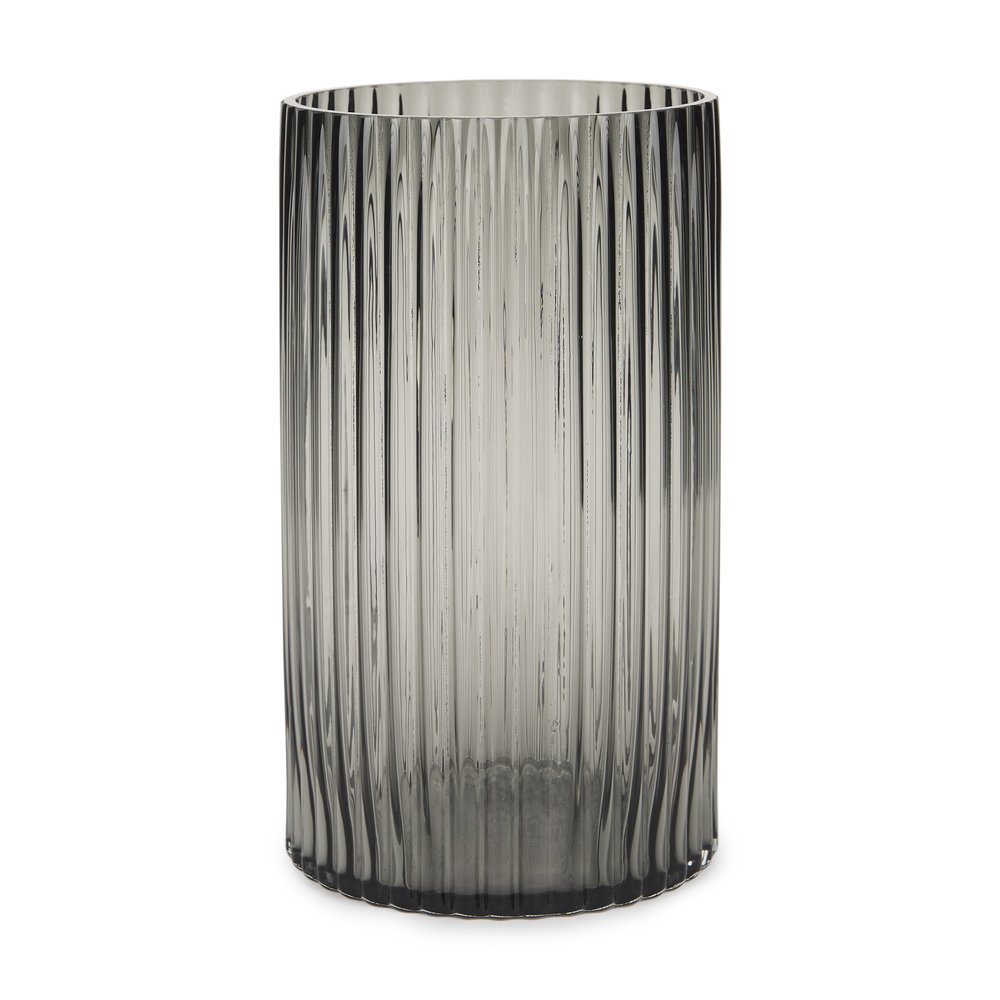 11" Black Cylinder Ribbed Glass Table Vase