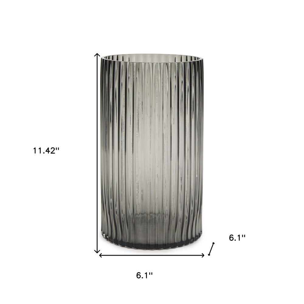 11" Black Cylinder Ribbed Glass Table Vase