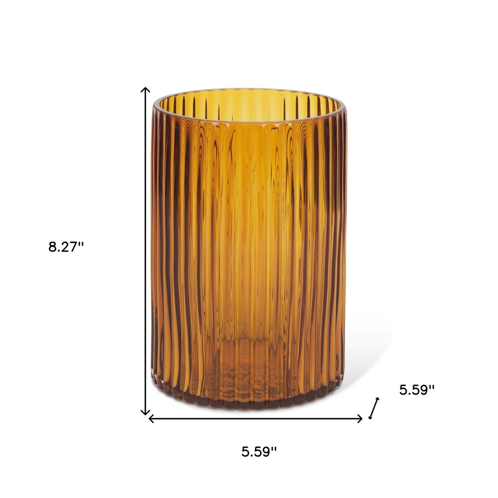 8" Amber Cylinder Ribbed Glass Table Vase