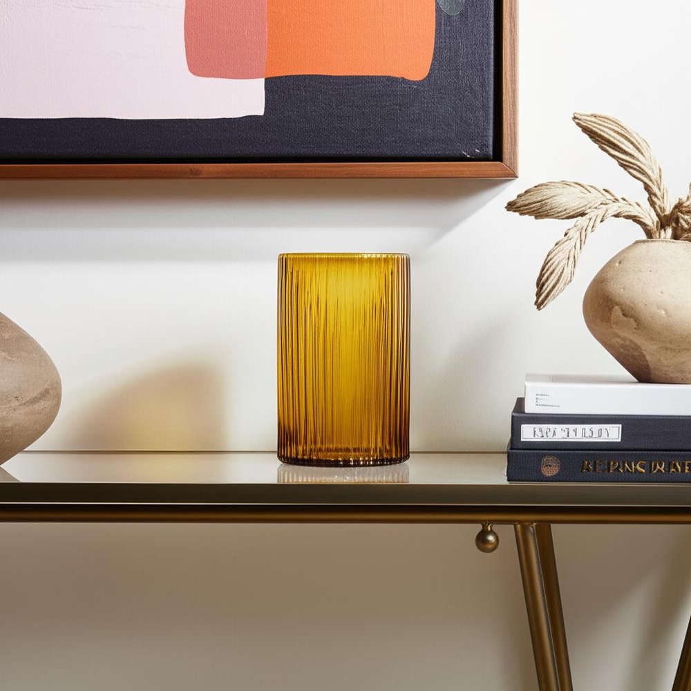 8" Amber Cylinder Ribbed Glass Table Vase