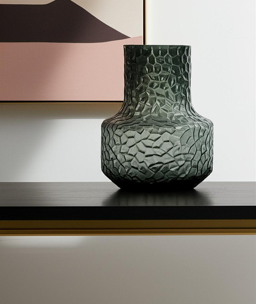 7" Green Faceted Glass Table Vase