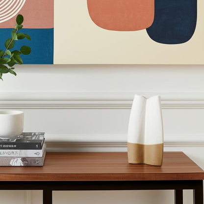 14" Cream And Beige Color Block Ceramic Table Vase