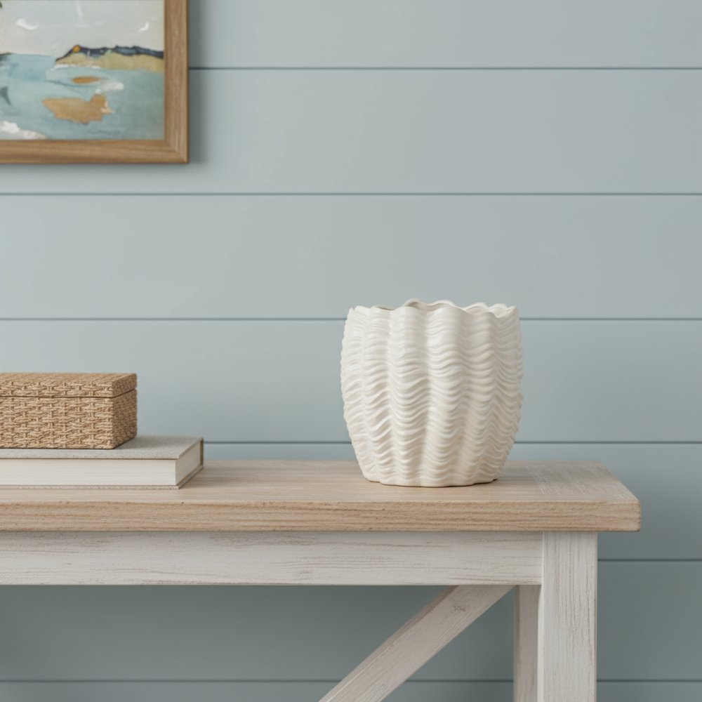 11" Cream Ceramic Sculptural Waves Table Vase