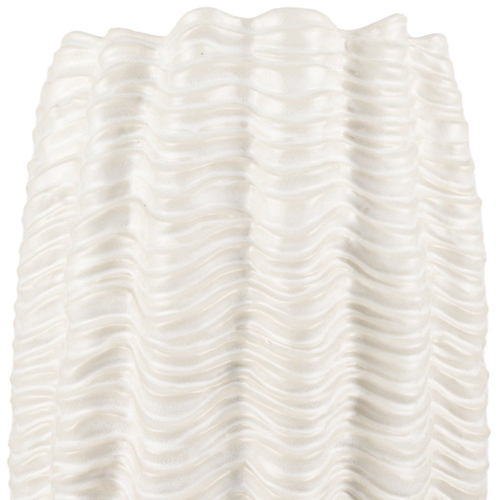 24" Cream Cylinder Ceramic Sculptural Waves Table Vase