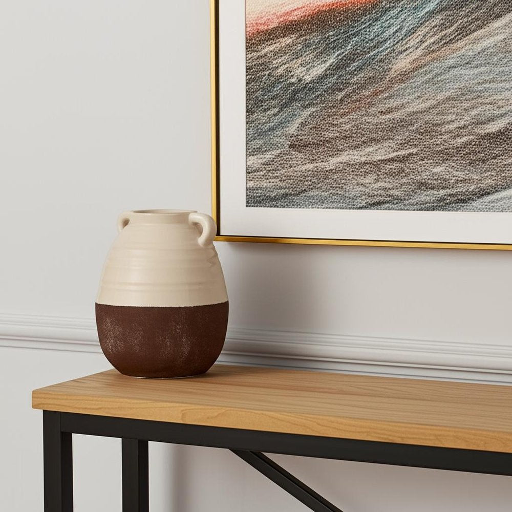 14" Brown And Cream Ceramic Amphora Table Vase