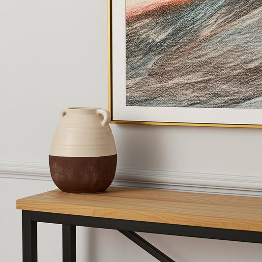 14" Brown And Cream Ceramic Amphora Table Vase