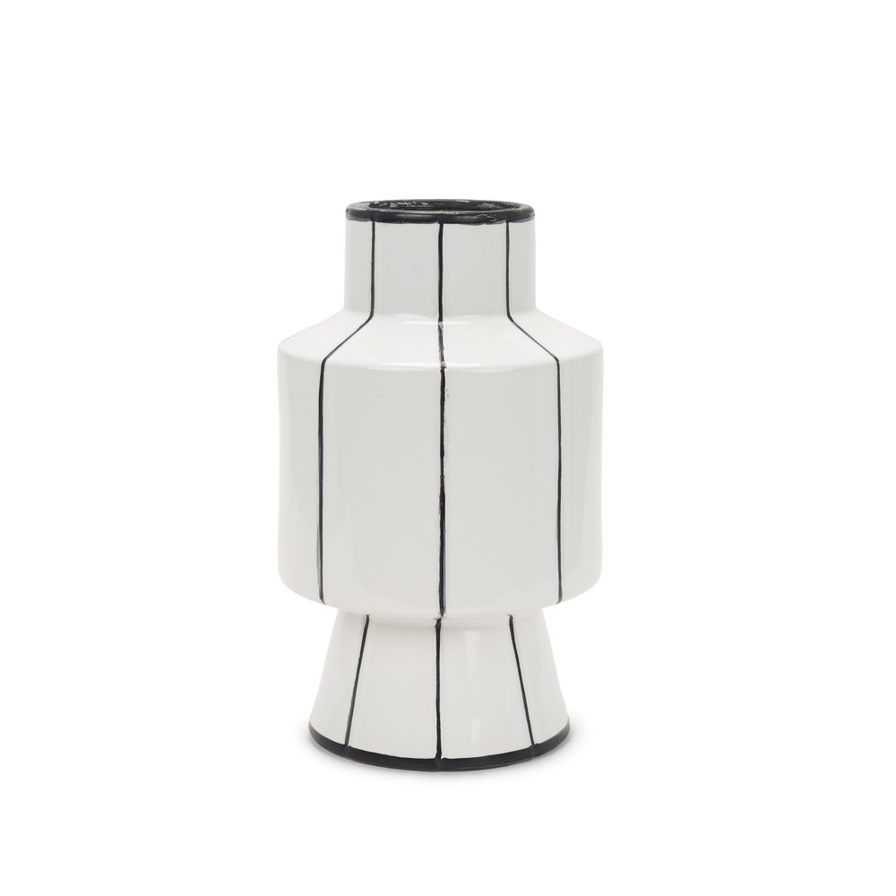 13" White And Black Striped Ceramic Cylinder Table Vase
