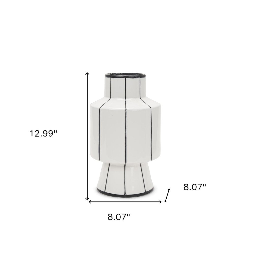 13" White And Black Striped Ceramic Cylinder Table Vase