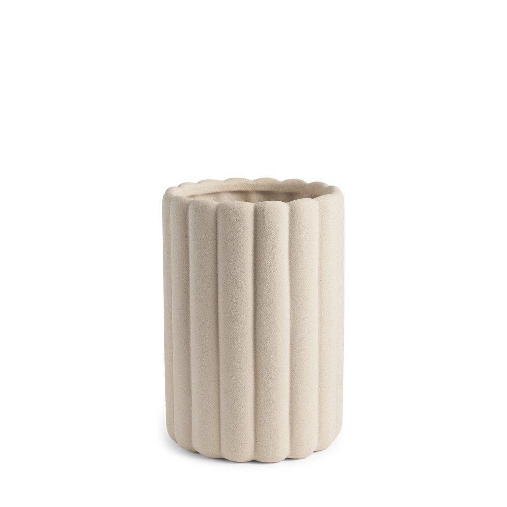 11" Beige Cylinder Ribbed Texture Ceramic Table Vase