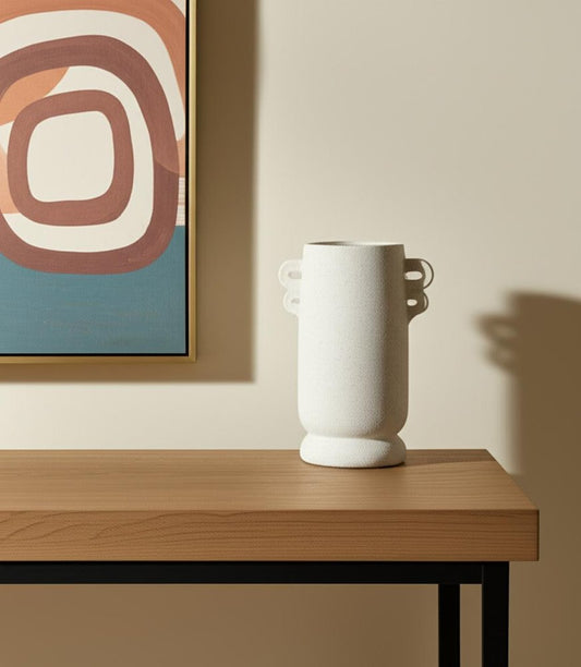10" Off White Ceramic Cylinder Table Vase With Handles
