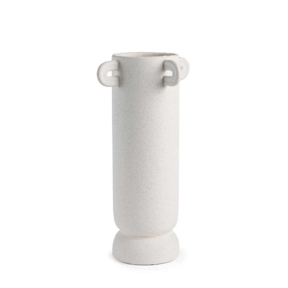 16" Off White Cylinder Ceramic Table Vase With Handles