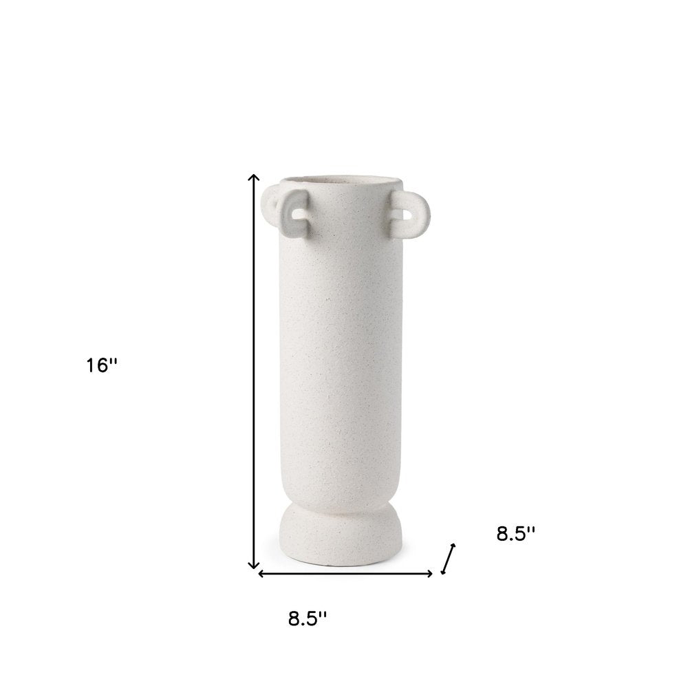 16" Off White Cylinder Ceramic Table Vase With Handles