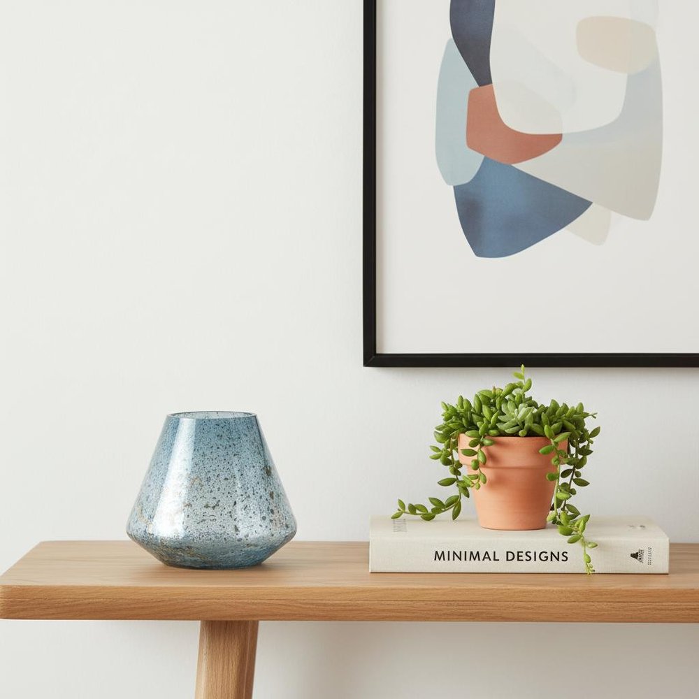 7" Blue Seeded Glass Round Table Vase