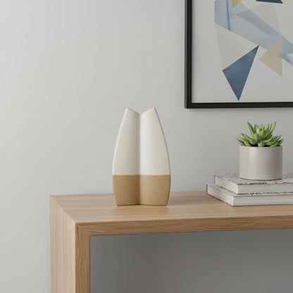16" Cream And Beige Color Block Ceramic Table Vase