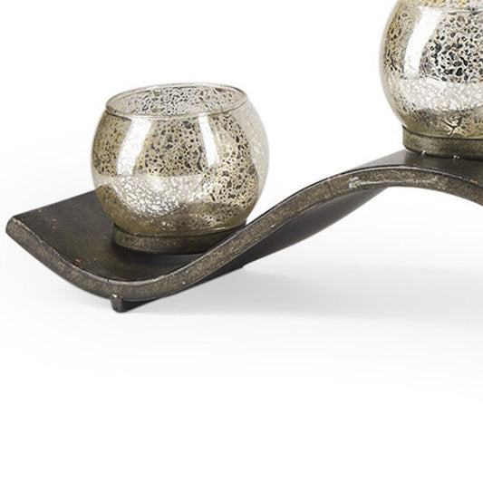 7" Silver Distressed Abstract Metal And Glass Tabletop Hurricane Candle Holder