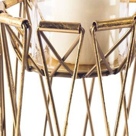10" Antiqued Brass Distressed Geometric Metal And Glass Tabletop Hurricane Candle Holder