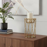 10" Antiqued Brass Distressed Geometric Metal And Glass Tabletop Hurricane Candle Holder