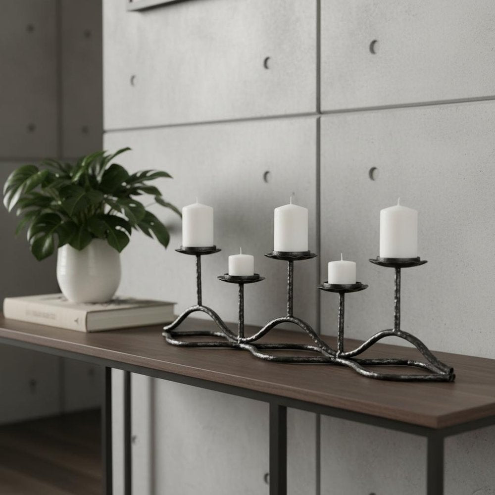 7" Black Distressed Geometric Metal Tabletop Tealight Candle Holder