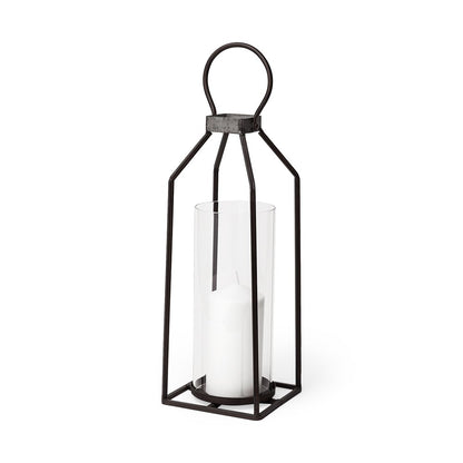 19" Black Distressed Geometric Metal And Glass Tabletop Lantern Candle Holder