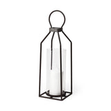 19" Black Distressed Geometric Metal And Glass Tabletop Lantern Candle Holder