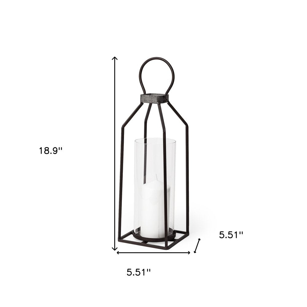 19" Black Distressed Geometric Metal And Glass Tabletop Lantern Candle Holder