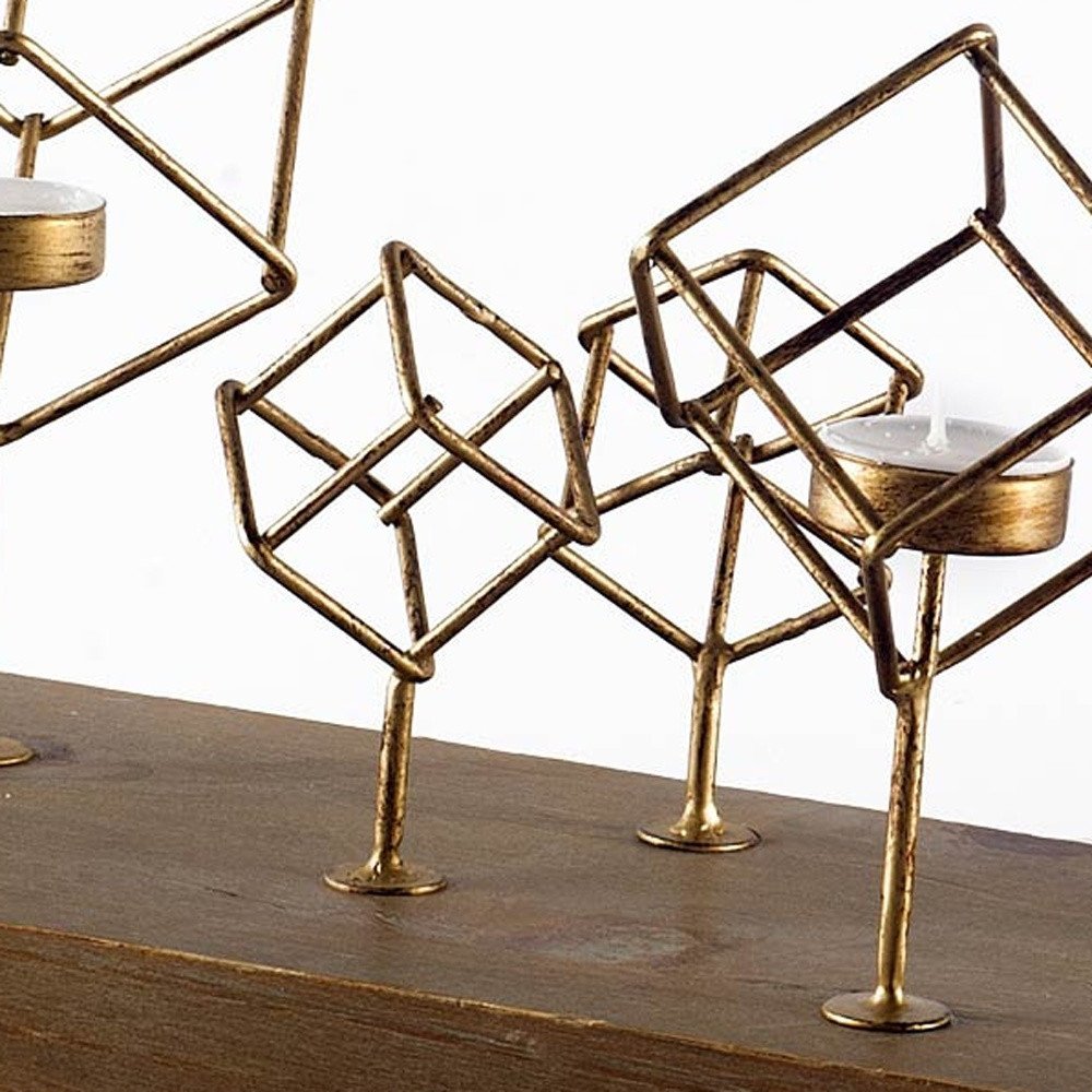 8" Brass Distressed Geometric Metal Tabletop Tealight Candle Holder