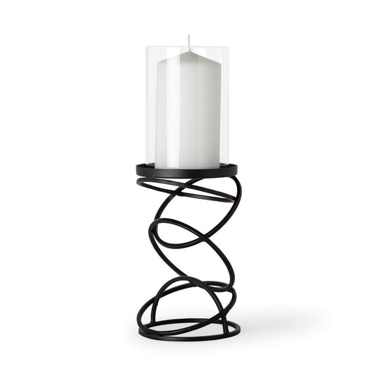 14" Black Geometric Glass And Metal Tabletop Pillar Candle Holder