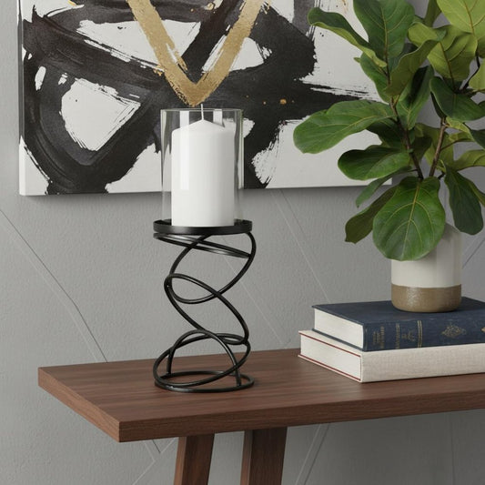14" Black Geometric Glass And Metal Tabletop Pillar Candle Holder