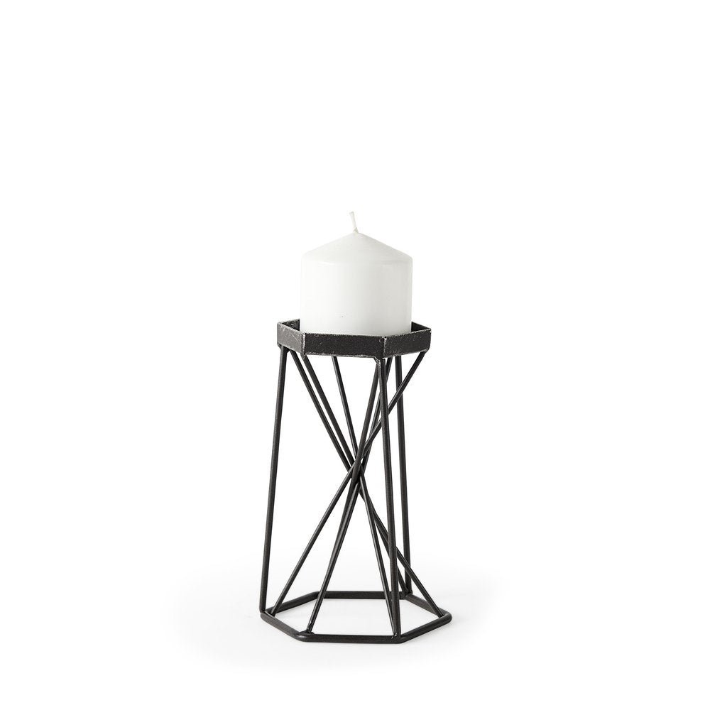 8" Black Distressed Geometric Metal Tabletop Dish Candle Holder