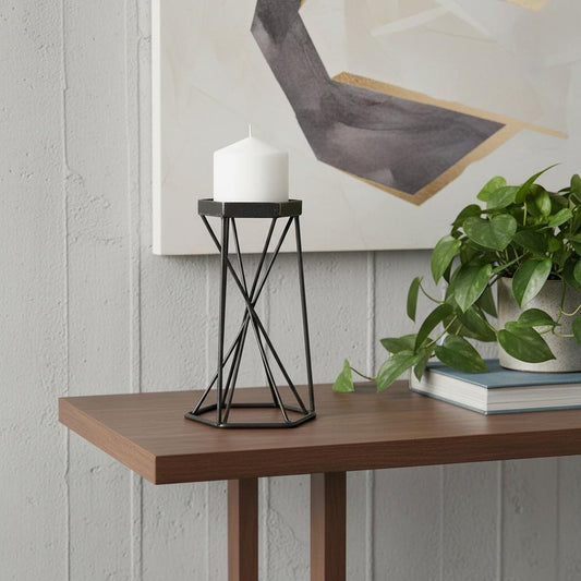 8" Black Distressed Geometric Metal Tabletop Dish Candle Holder