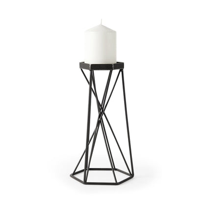 11" Black Distressed Geometric Metal Tabletop Pillar Candle Holder
