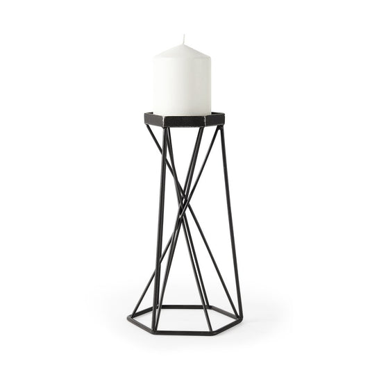 11" Black Distressed Geometric Metal Tabletop Pillar Candle Holder