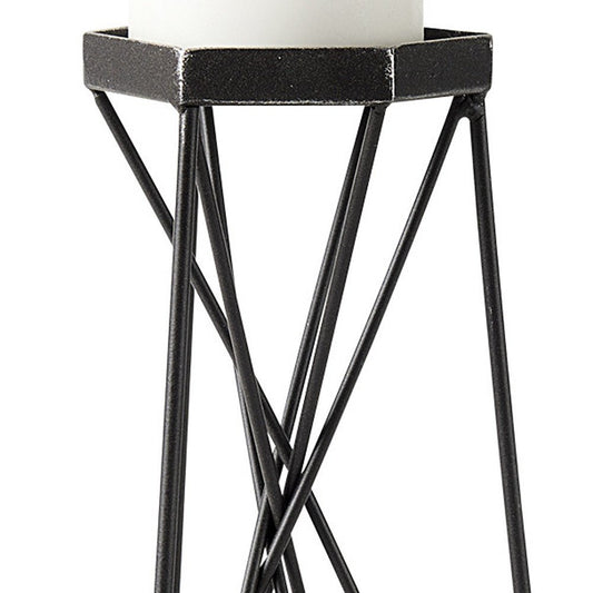 11" Black Distressed Geometric Metal Tabletop Pillar Candle Holder