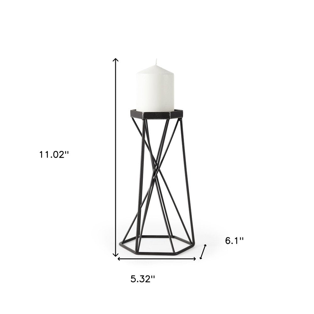 11" Black Distressed Geometric Metal Tabletop Pillar Candle Holder