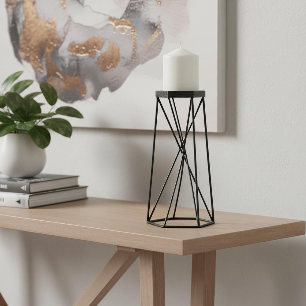 11" Black Distressed Geometric Metal Tabletop Pillar Candle Holder