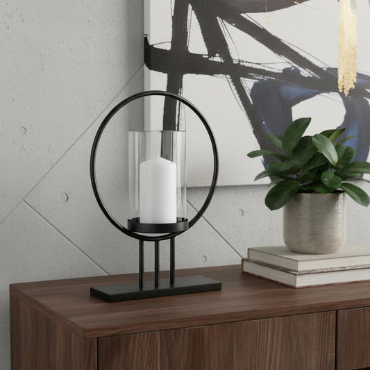 16" Black Geometric Metal Tabletop Hurricane Candle Holder