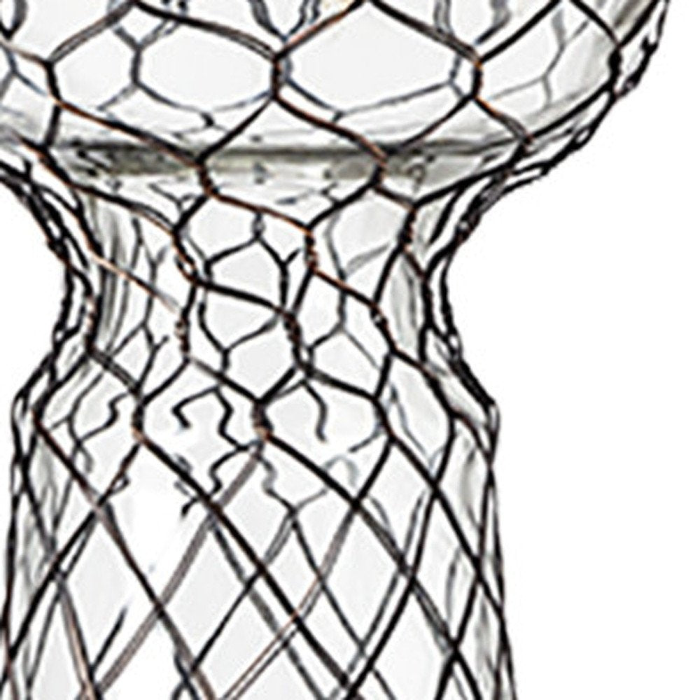 11" Black Distressed Lattice Metal And Glass Tabletop Pillar Candle Holder