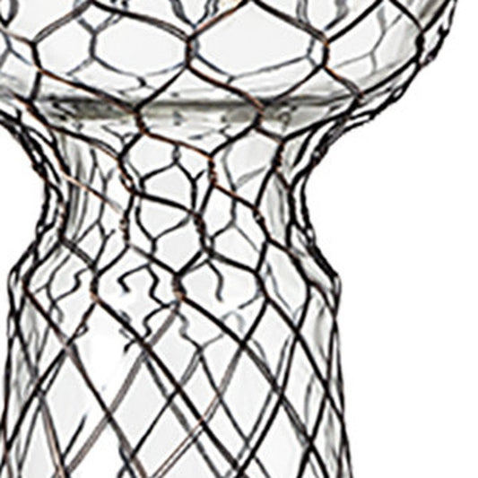 11" Black Distressed Lattice Metal And Glass Tabletop Pillar Candle Holder