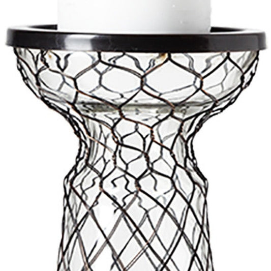 11" Black Distressed Lattice Metal And Glass Tabletop Pillar Candle Holder